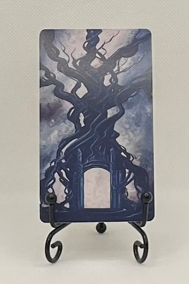 A vertical art print featuring a dark, gothic tree illustration in blue, purple, and gray tones. A door behind a gate leads into the depths of the tree.