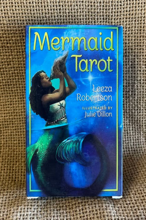Mermaid Tarot card box with a mermaid illustration on a blue watery background.  