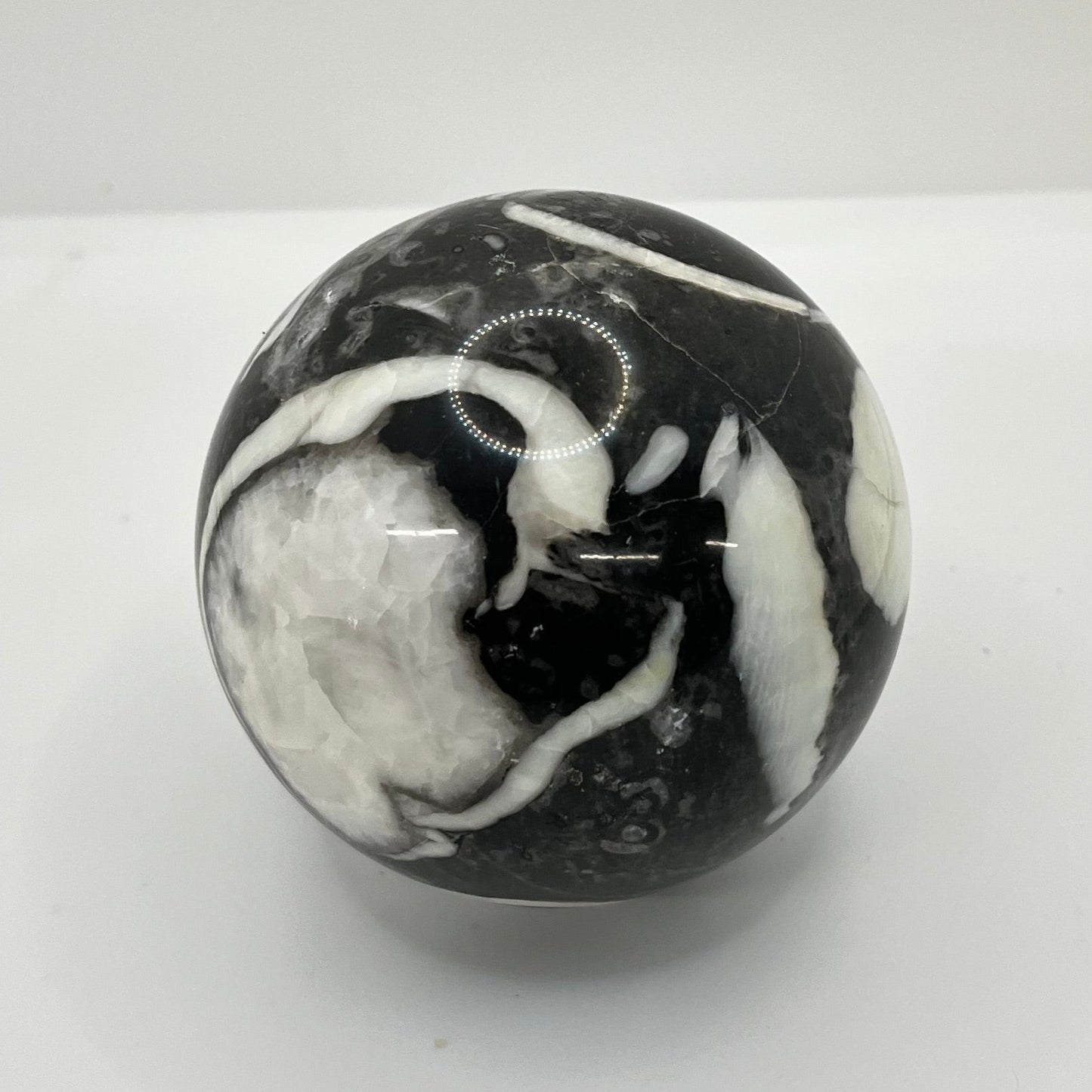 Black, gray, and white marble-patterned crystal sphere on a white background