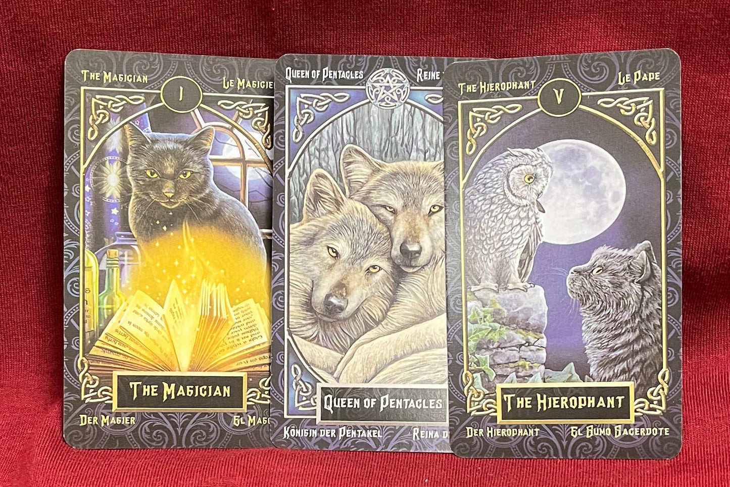 Three illustrated oracle cards laid flat on a red fabric surface. The cards show fantasy-style artwork: a cat looking at a  glowing opened book, two wolves resting against one another, and a moonlit scene featuring a cat looking up at an owl in front of the moon, with titles visible at the bottom.