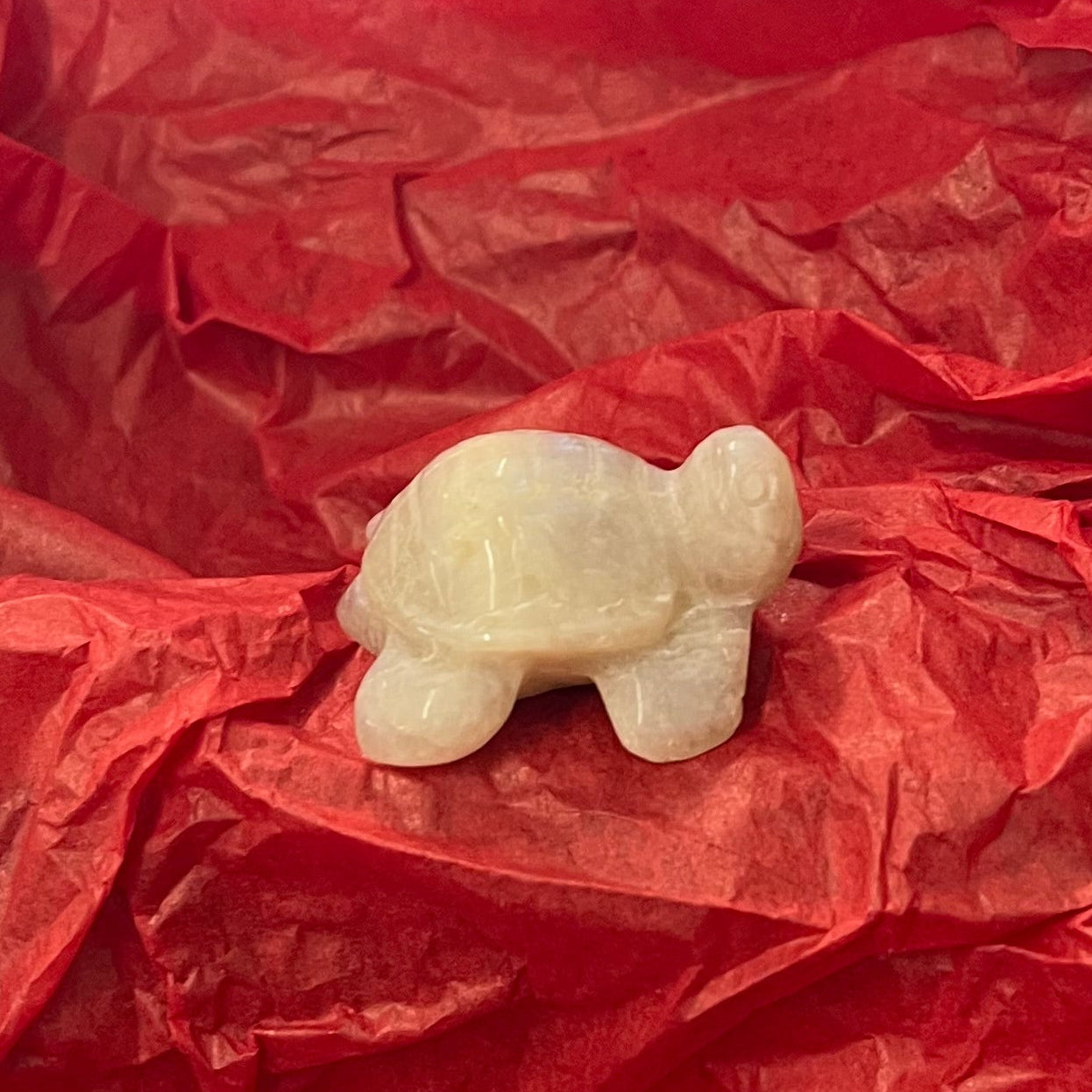 A small cream moonstone turtle figurine placed in the center of crumpled red tissue paper.